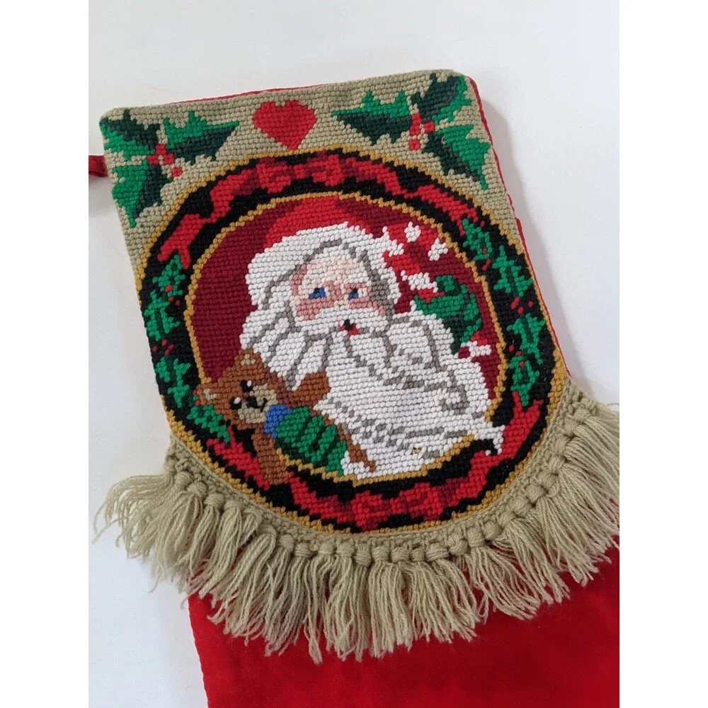 Vintage Needlepoint Santa Stocking Fringe Red Velvet Back Teddy Bear‎ Christmas